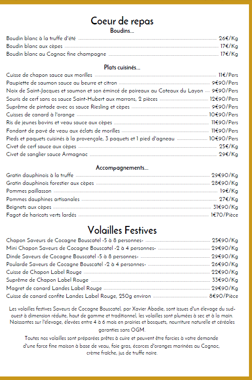 Découvrez le menu de Noël 2024 du service traiteur de la Boucherie des Collines